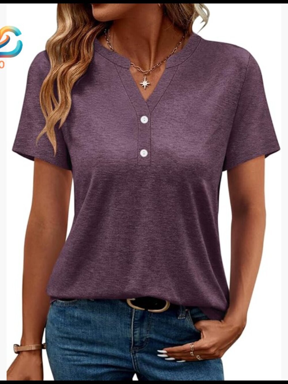 V-Neck Henley Short Sleeve Tee, Button Down Casual Top, Regular Fit